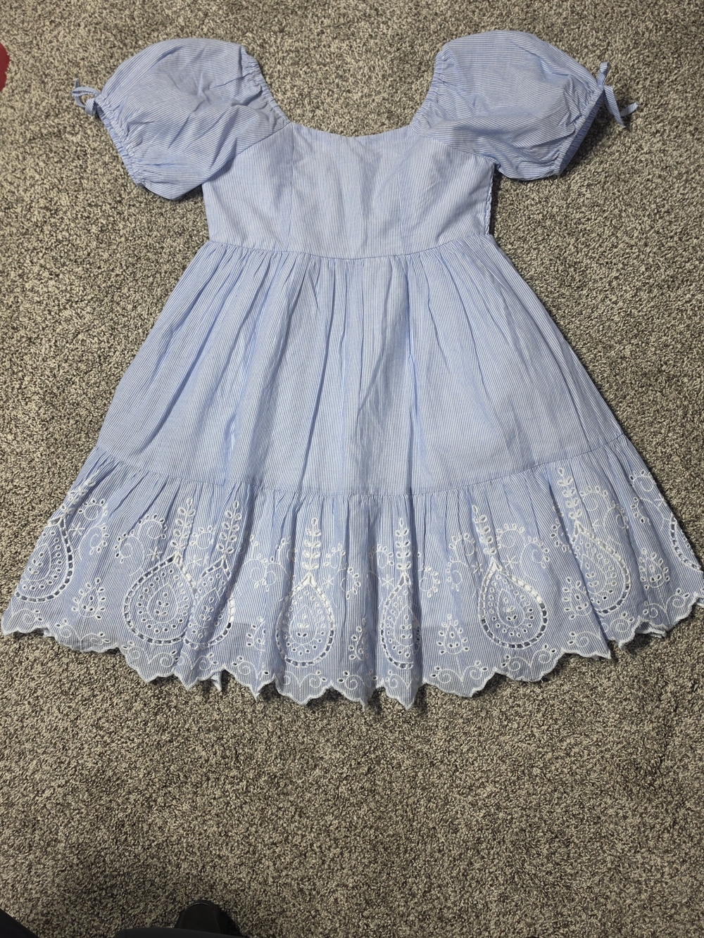 Rare Editions Girls Light Blue White Striped Puff-Sleeve Eyelet Embroided Dress